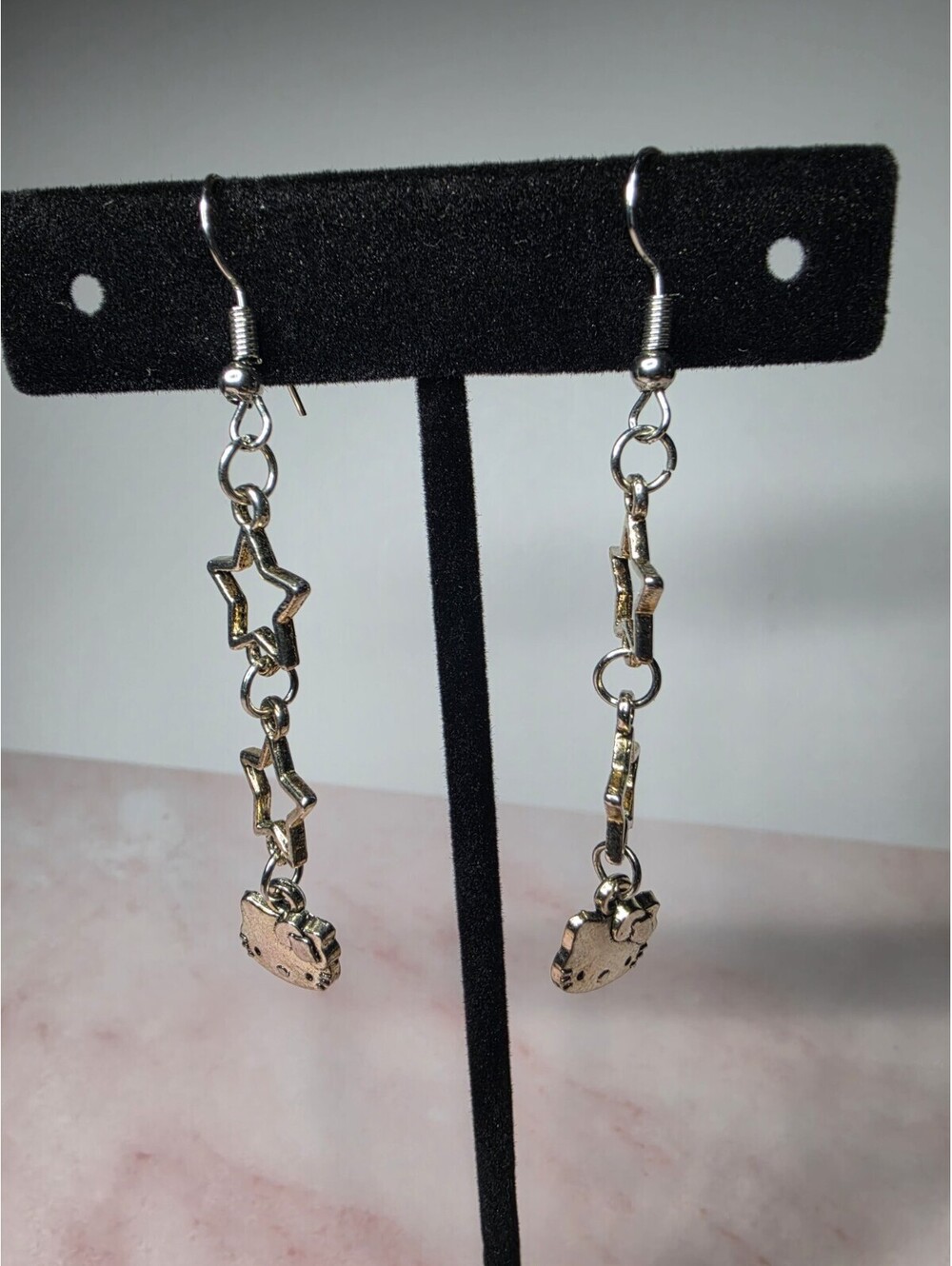 Hello Kitty Silver Tone Dangle Earrings Tiered Hollow Stars Y2k Aesthetic